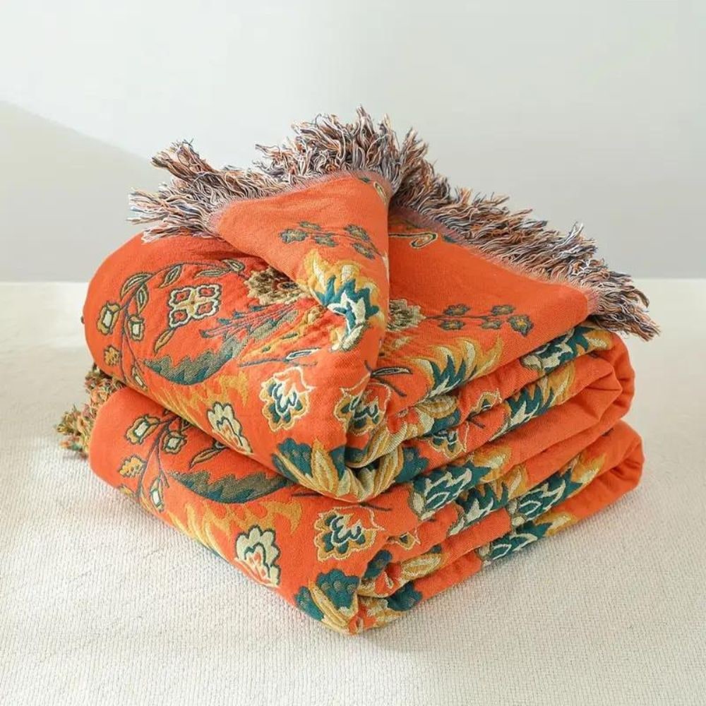 Reversible Cotton Throw Blanket Marigold Floral Design