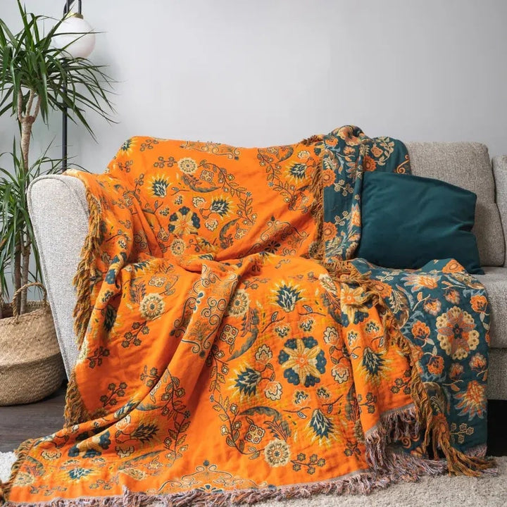 Reversible Cotton Throw Blanket Marigold Floral Design