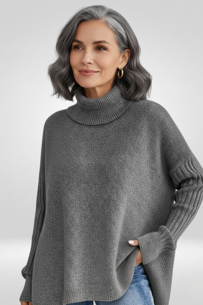 Romara | Women's Oversized Turtleneck Sweater — Draped Asymmetric Hem Pullover in 5 Colors | Westmere