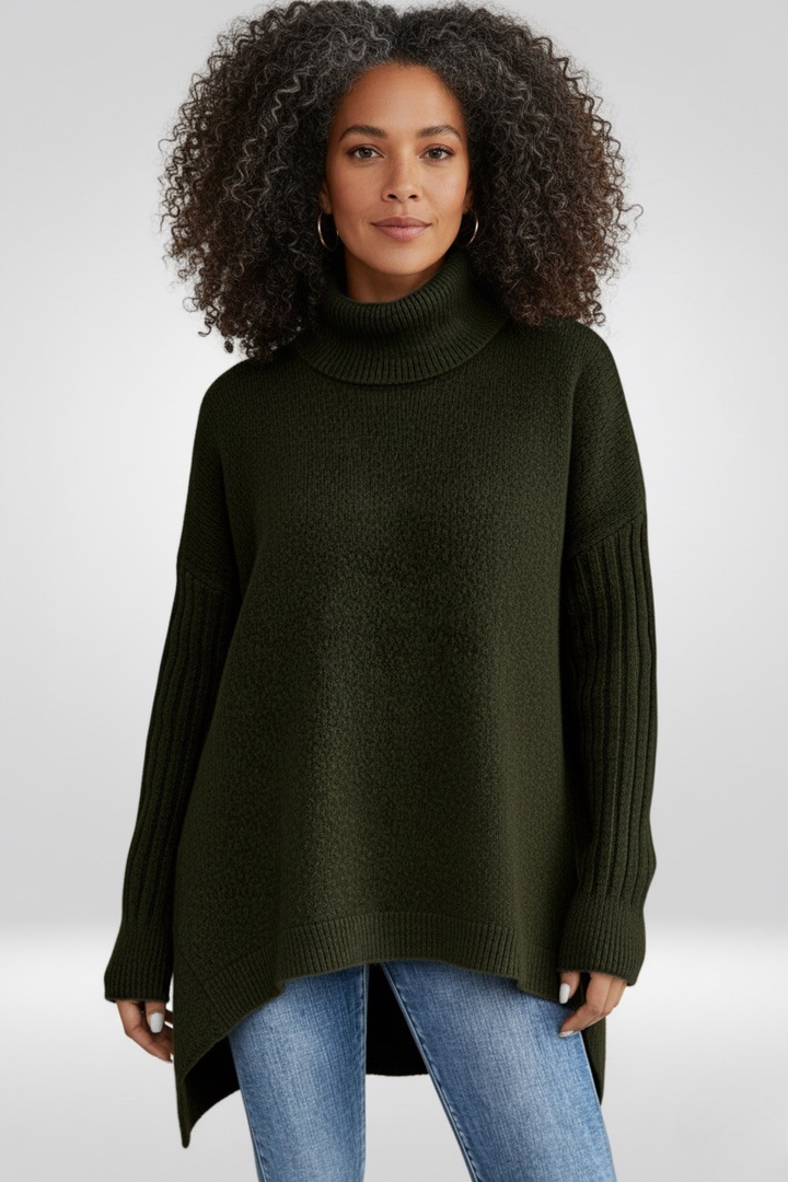 Romara | Women's Oversized Turtleneck Sweater — Draped Asymmetric Hem Pullover in 5 Colors | Westmere