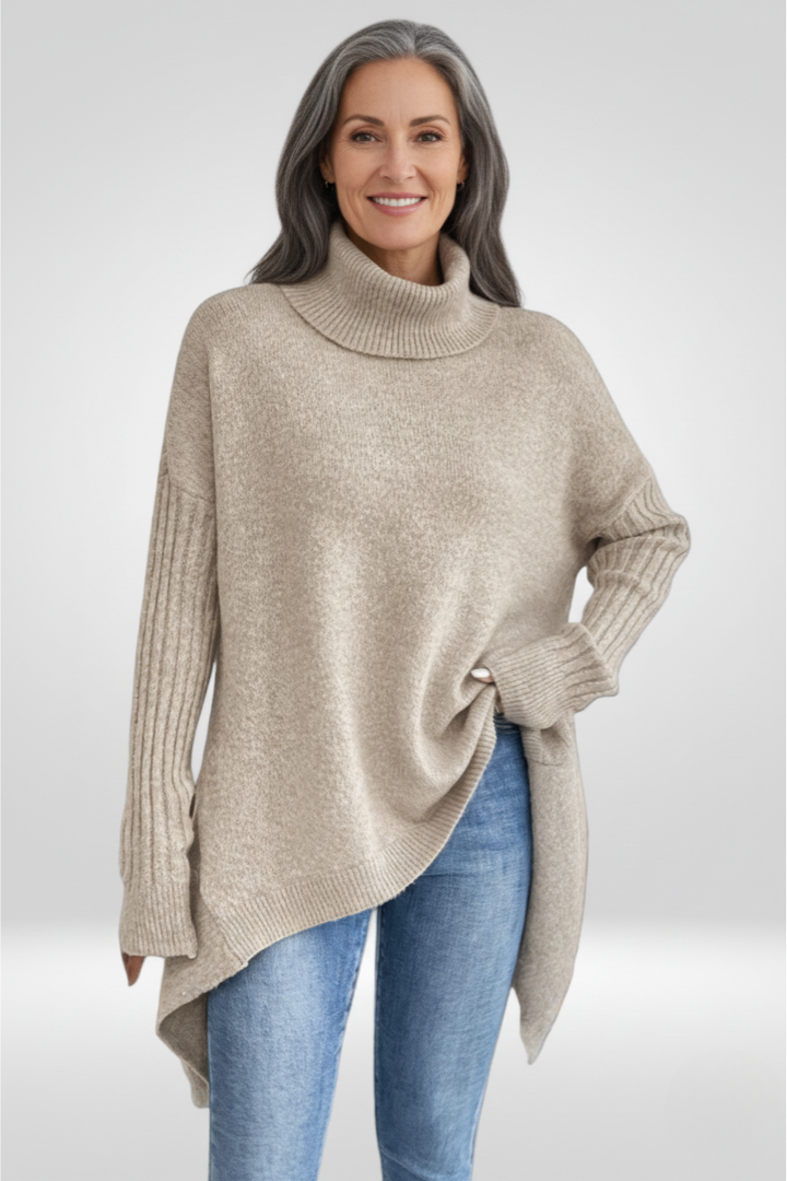 Romara | Women's Oversized Turtleneck Sweater — Draped Asymmetric Hem Pullover in 5 Colors | Westmere