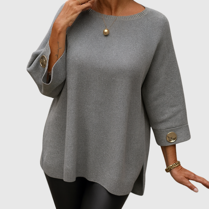 Romilly | Women's Relaxed Fit Crew Neck Sweater — Wide Cuffs with Gold-Tone Buttons in 4 Colors | Westmere