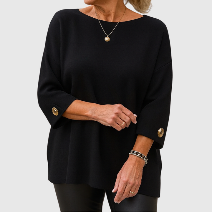 Romilly | Women's Relaxed Fit Crew Neck Sweater — Wide Cuffs with Gold-Tone Buttons in 4 Colors | Westmere