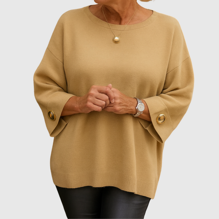 Romilly | Women's Relaxed Fit Crew Neck Sweater — Wide Cuffs with Gold-Tone Buttons in 4 Colors | Westmere