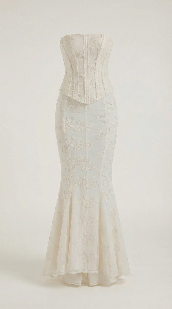 Maxi dress women's corset style lace mermaid silhouette strapless
