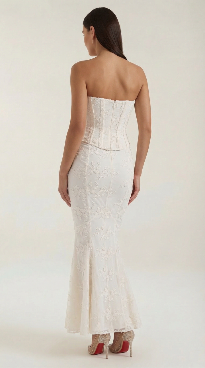 Maxi dress women's corset style lace mermaid silhouette strapless