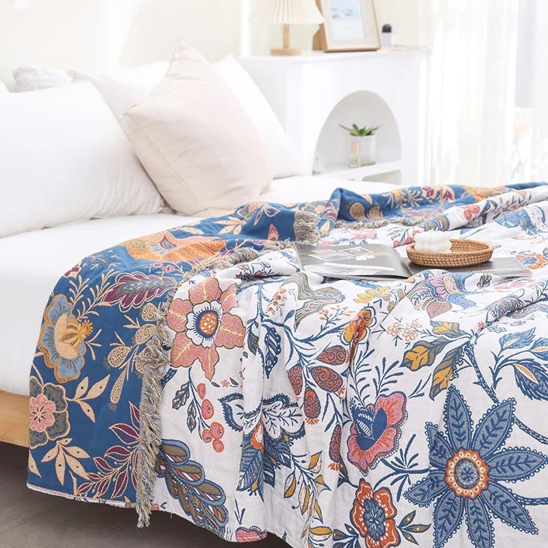 Reversible Floral Jacquard Cotton Throw Blanket with Tassel Trim