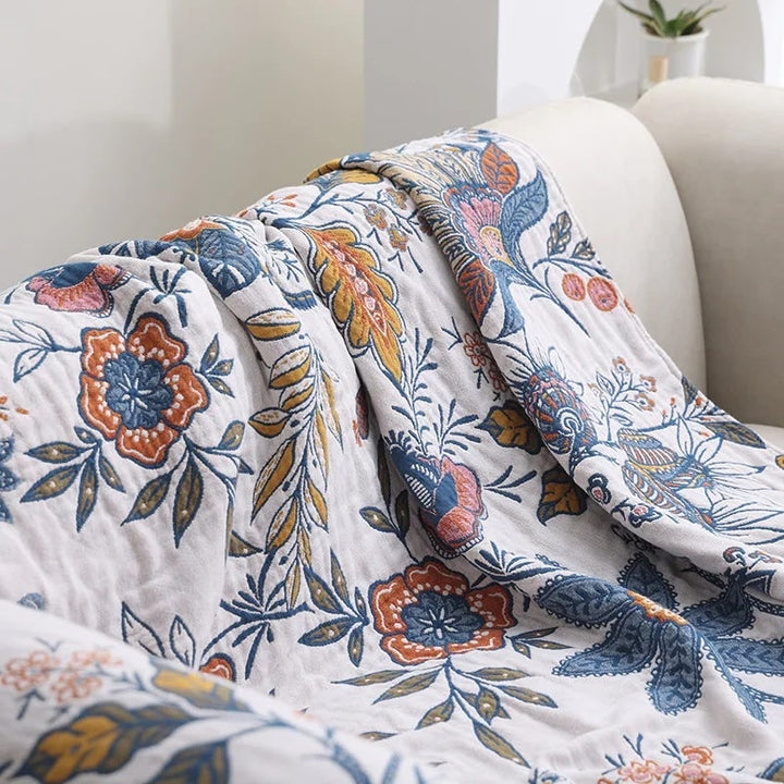 Reversible Floral Jacquard Cotton Throw Blanket with Tassel Trim
