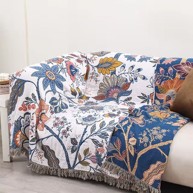 Reversible Floral Jacquard Cotton Throw Blanket with Tassel Trim
