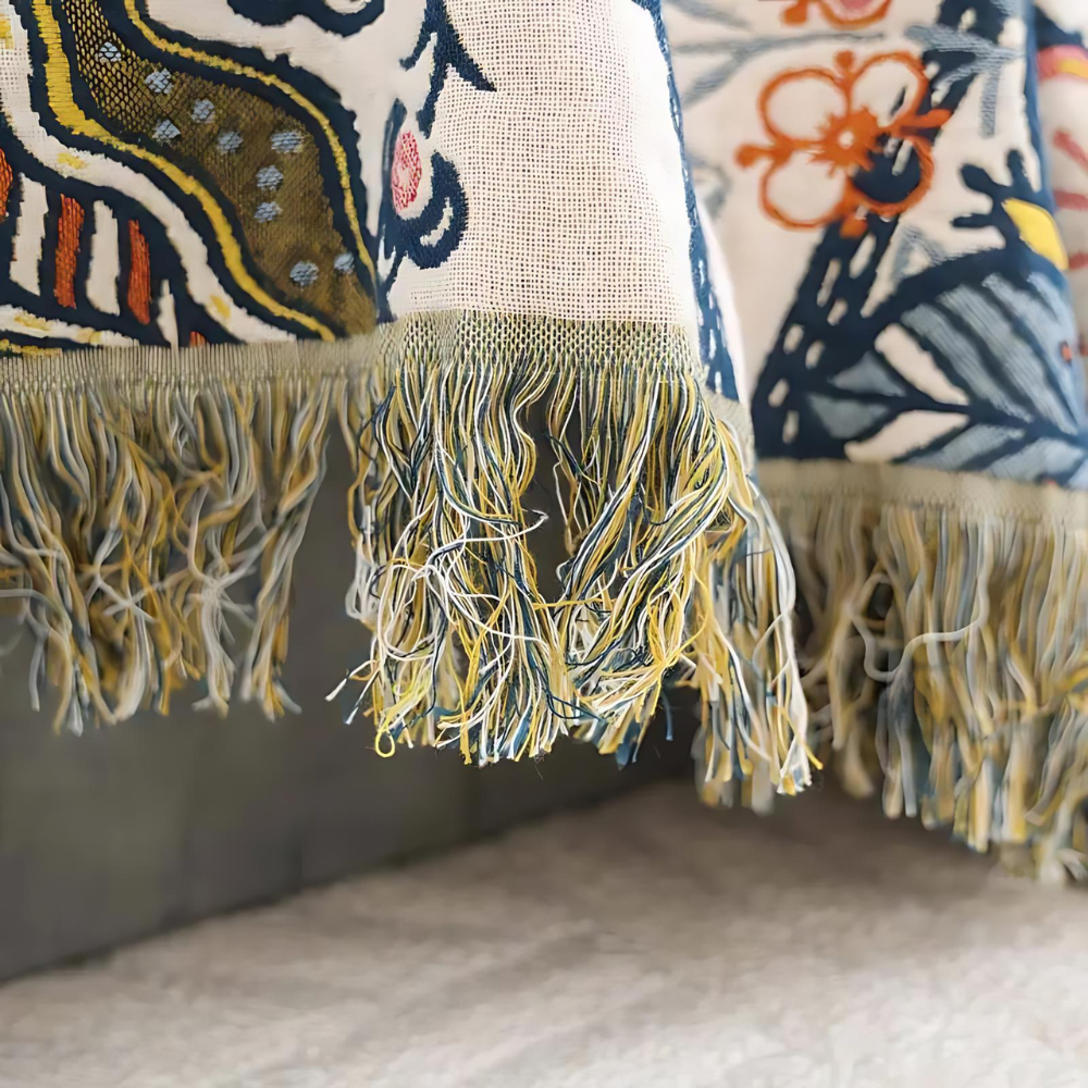 Reversible Floral Jacquard Cotton Throw Blanket with Tassel Trim