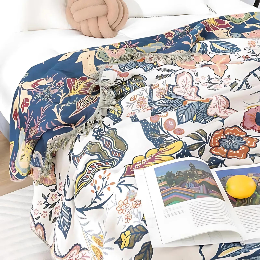 Reversible Floral Jacquard Cotton Throw Blanket with Tassel Trim