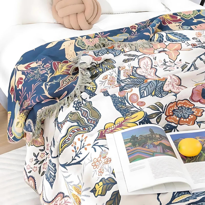 Reversible Floral Jacquard Cotton Throw Blanket with Tassel Trim