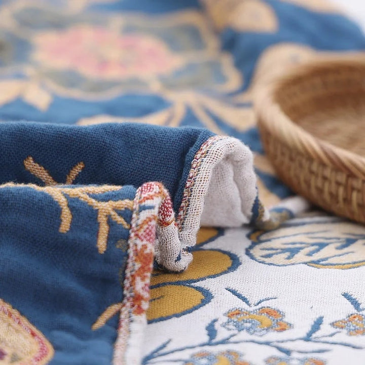 Reversible Floral Jacquard Cotton Throw Blanket with Tassel Trim