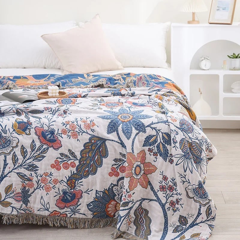 Reversible Floral Jacquard Cotton Throw Blanket with Tassel Trim