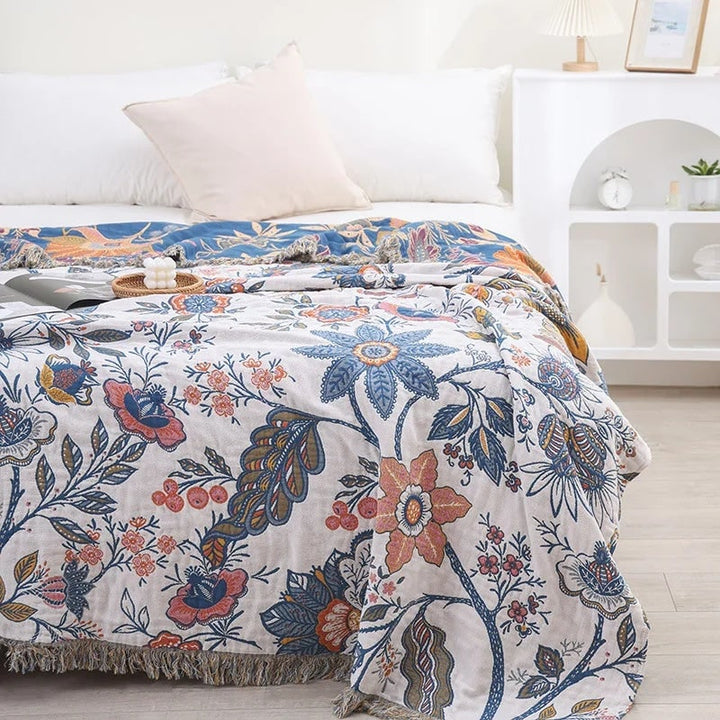 Reversible Floral Jacquard Cotton Throw Blanket with Tassel Trim