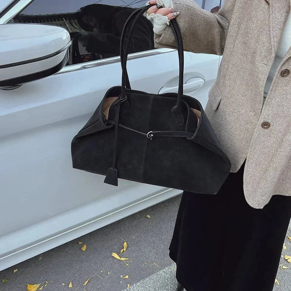 Sloane – Large Suede Shoulder Bag, Women's Work Tote Bag with Tie Detail