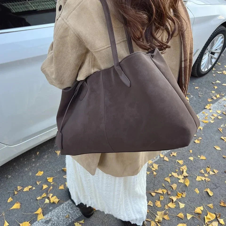 Sloane – Large Suede Shoulder Bag, Women's Work Tote Bag with Tie Detail