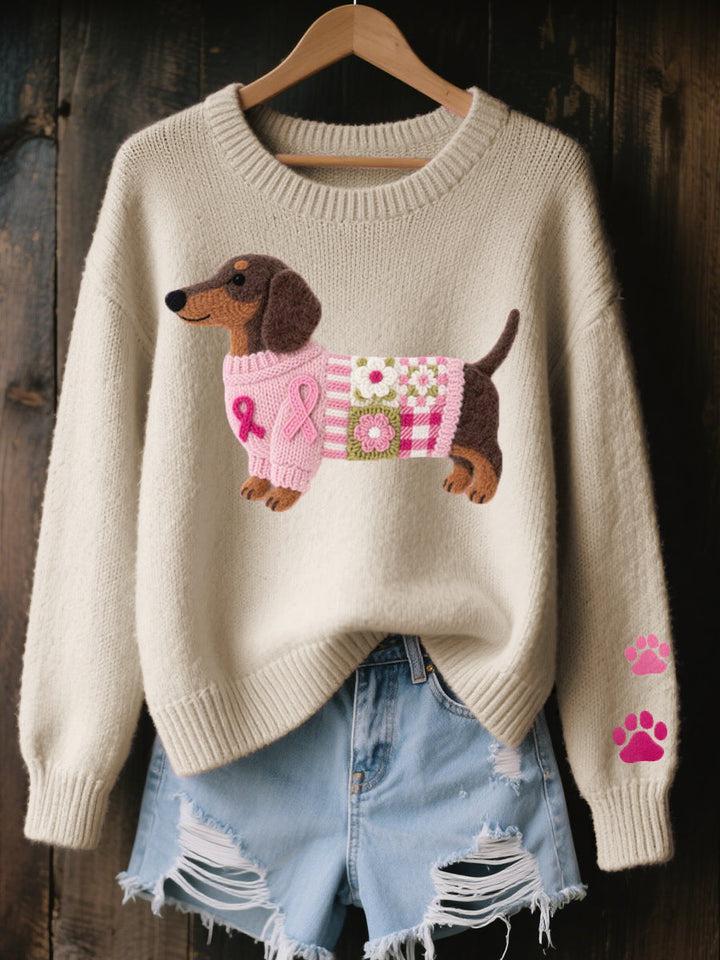 Soft Women's Sweater with Cute Dog Print and Long Sleeves