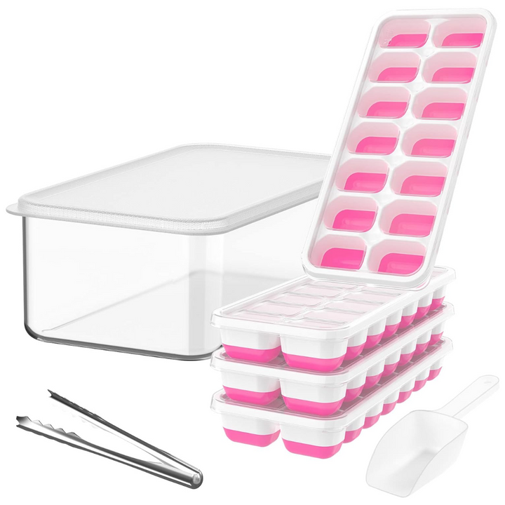 Premium Stackable Silicone Ice Cube Tray Set with Freezer Storage Box - 4 Pack