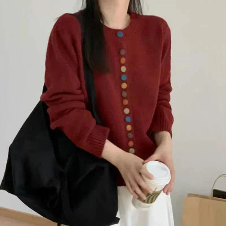 Thessira | Women's Button-Front Cardigan Sweater — Multicolor Buttons on Relaxed Knit in 4 Colors | Westmere