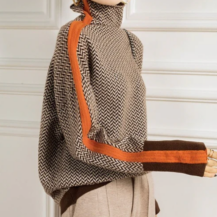 Threnody | Women's Herringbone Turtleneck Sweater — Oversized Knit with Contrast Sleeve Trim | Westmere