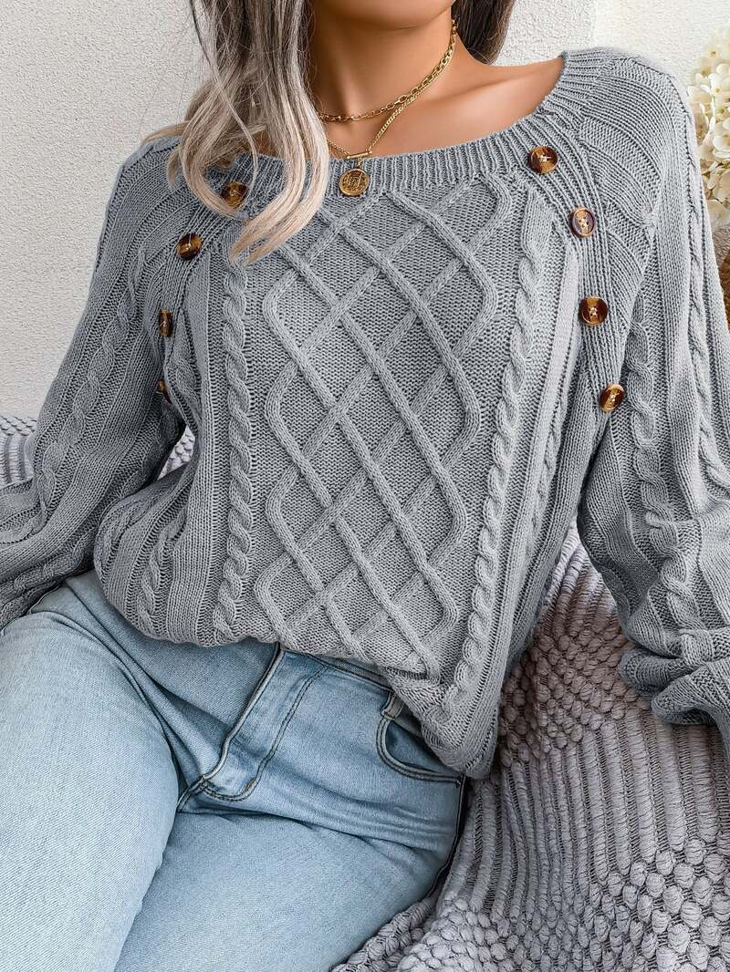 Vexara | Women's Cable Knit Button Detail Sweater — Tortoiseshell Shoulder Buttons in 4 Colors | Westmere