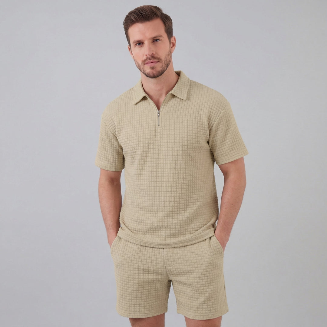 Waffle Knit Set Men Summer Casual Half Zip Polo
