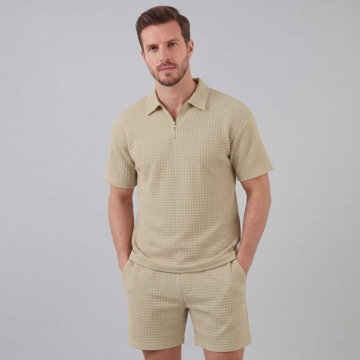 Waffle Knit Set Men Summer Casual Half Zip Polo