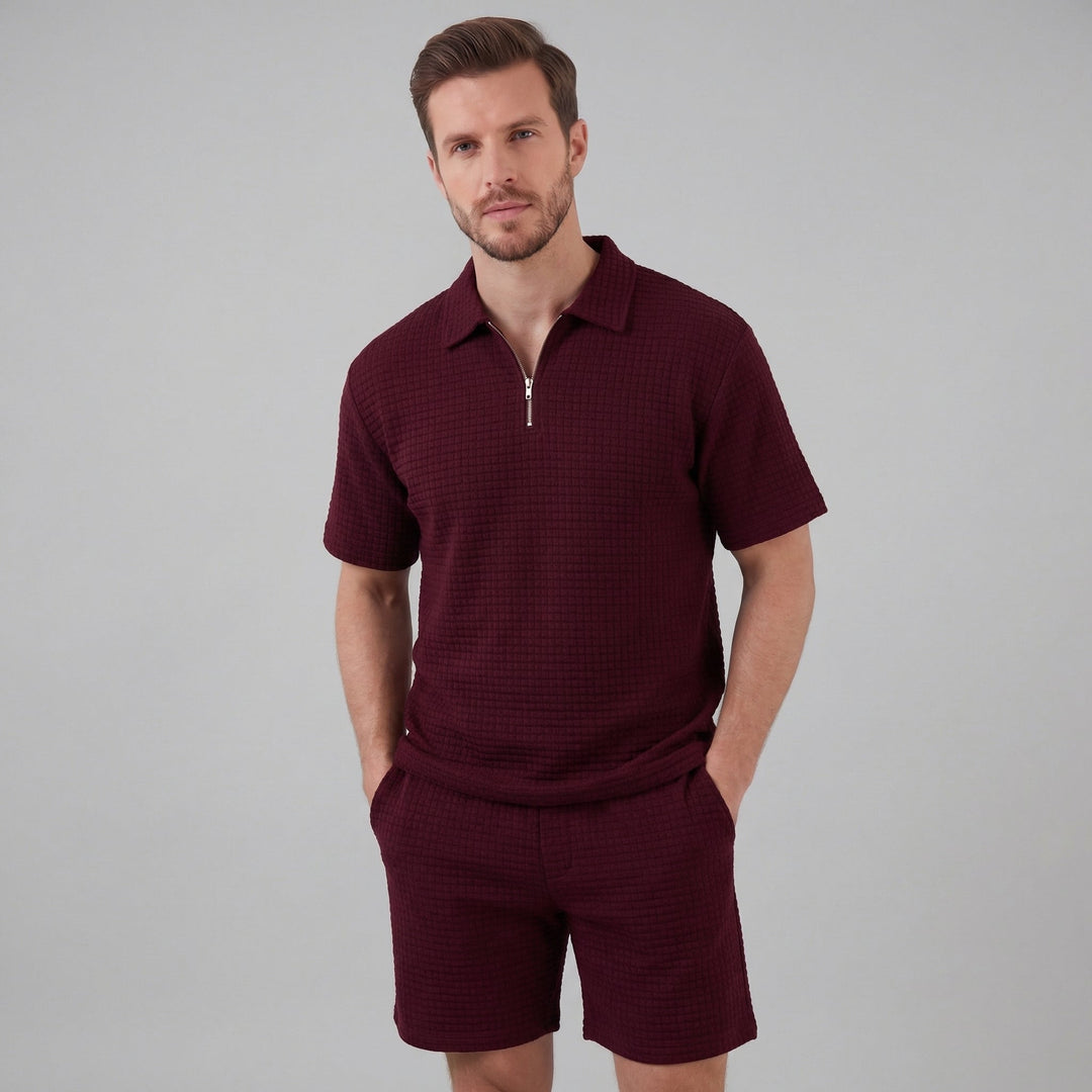 Waffle Knit Set Men Summer Casual Half Zip Polo