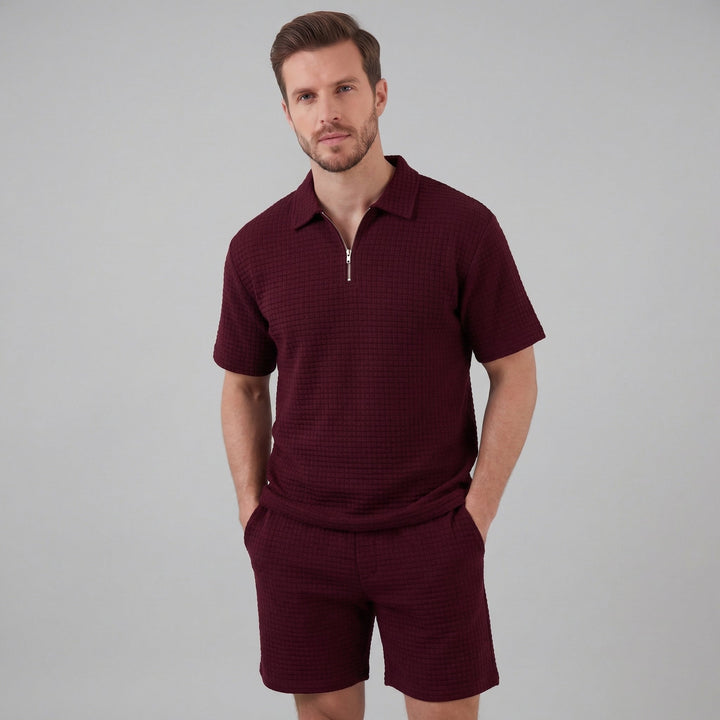 Waffle Knit Set Men Summer Casual Half Zip Polo