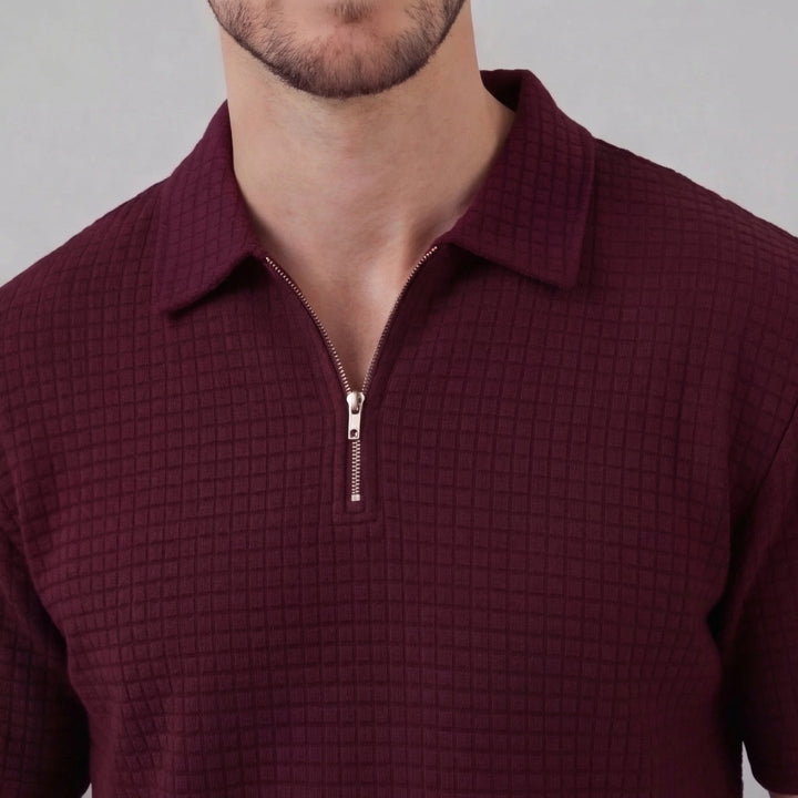 Waffle Knit Set Men Summer Casual Half Zip Polo