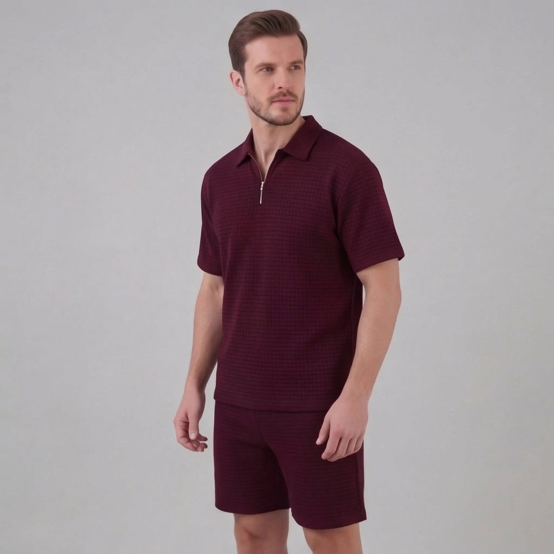 Waffle Knit Set Men Summer Casual Half Zip Polo