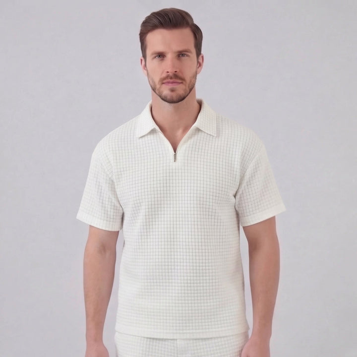 Waffle Knit Set Men Summer Casual Half Zip Polo