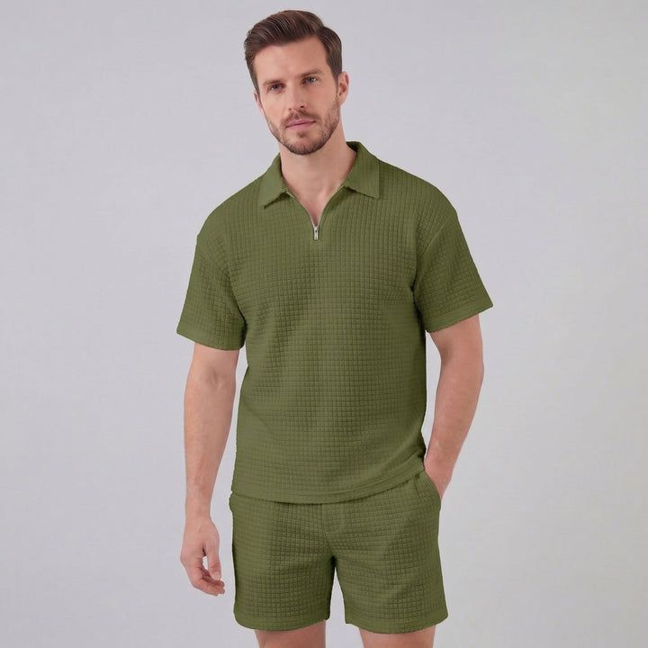 Waffle Knit Set Men Summer Casual Half Zip Polo
