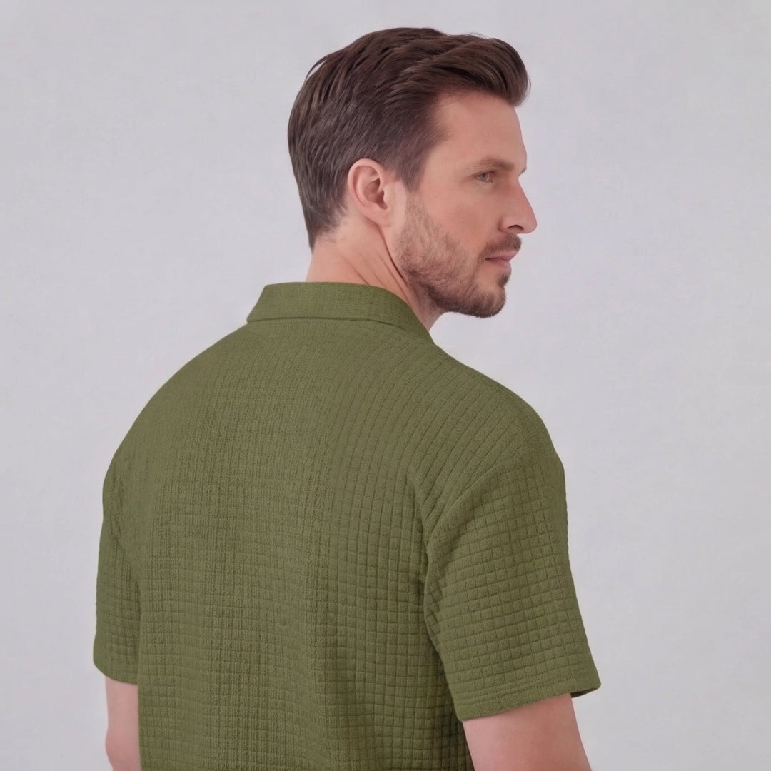 Waffle Knit Set Men Summer Casual Half Zip Polo