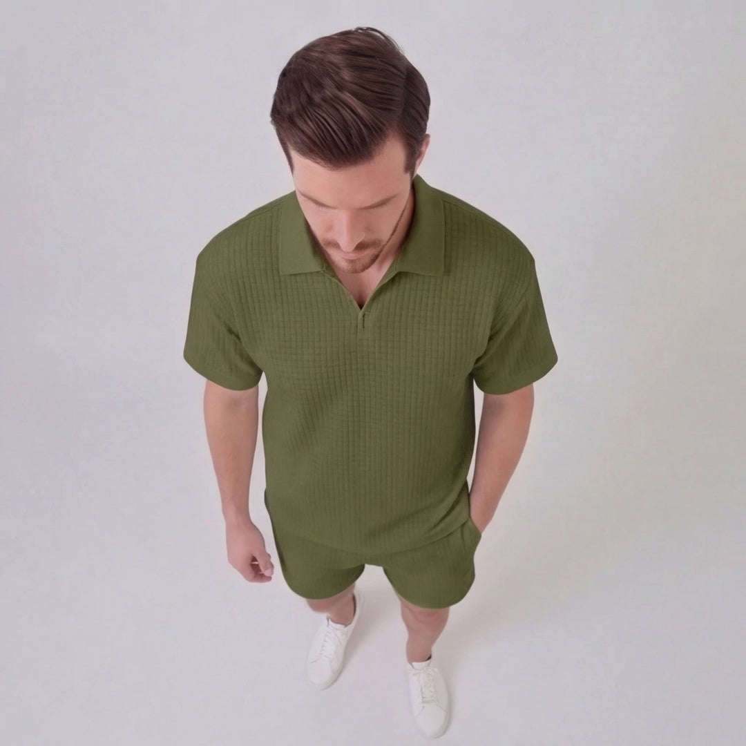 Waffle Knit Set Men Summer Casual Half Zip Polo