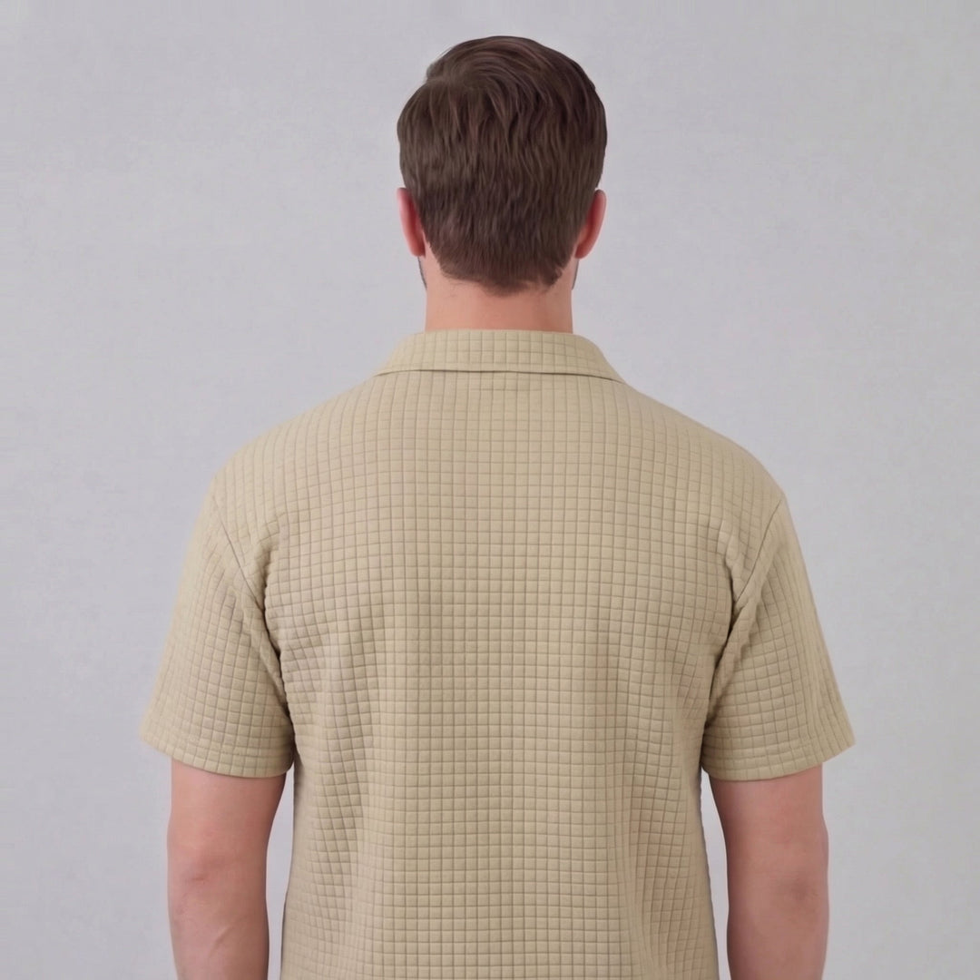 Waffle Knit Set Men Summer Casual Half Zip Polo