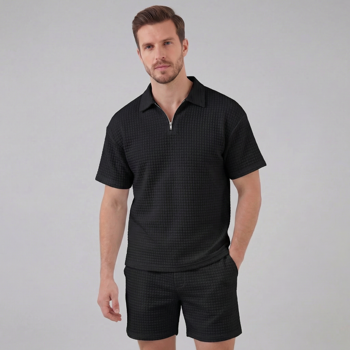 Waffle Knit Set Men Summer Casual Half Zip Polo