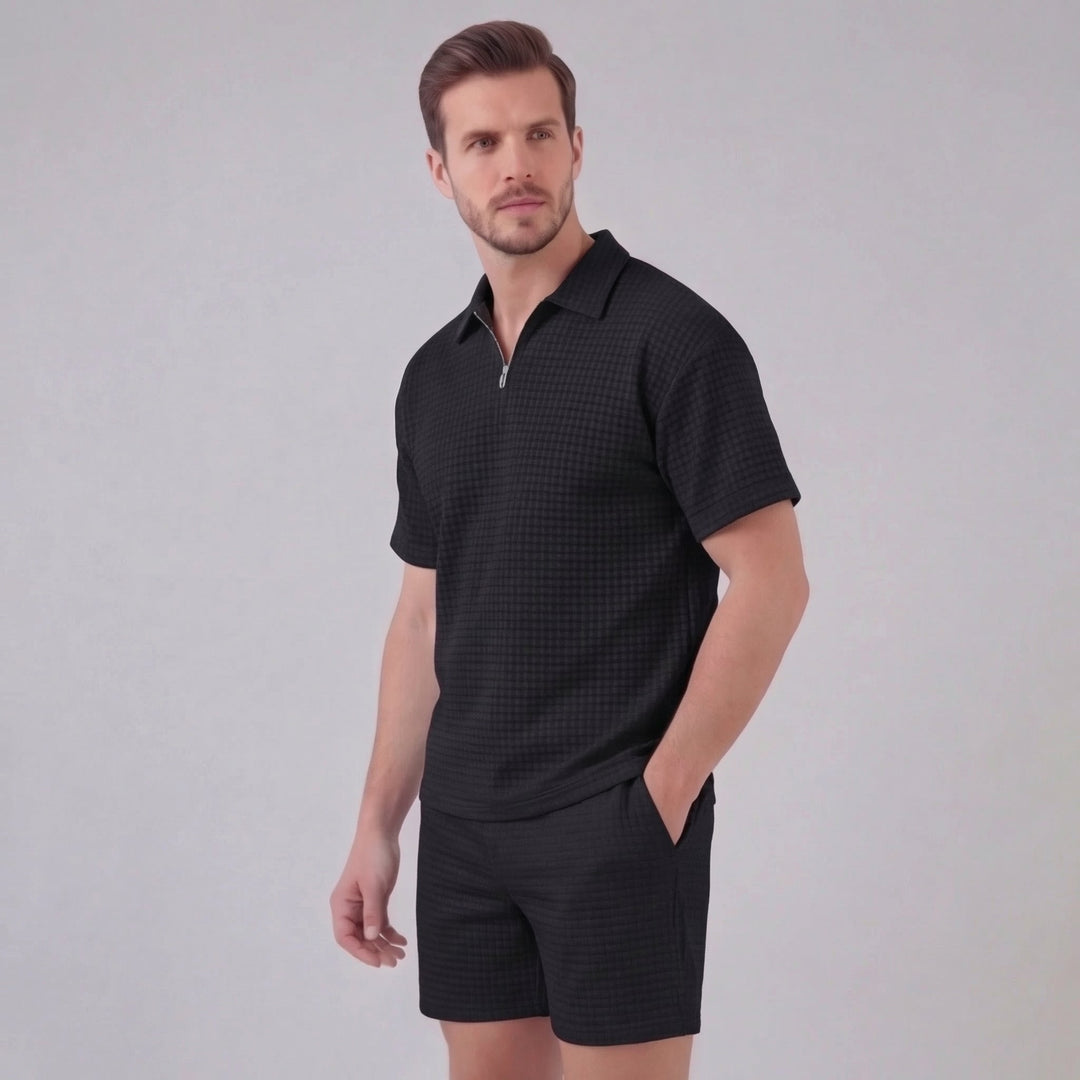 Waffle Knit Set Men Summer Casual Half Zip Polo
