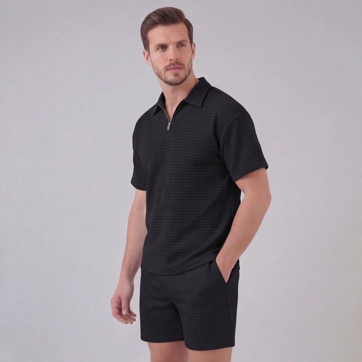 Waffle Knit Set Men Summer Casual Half Zip Polo