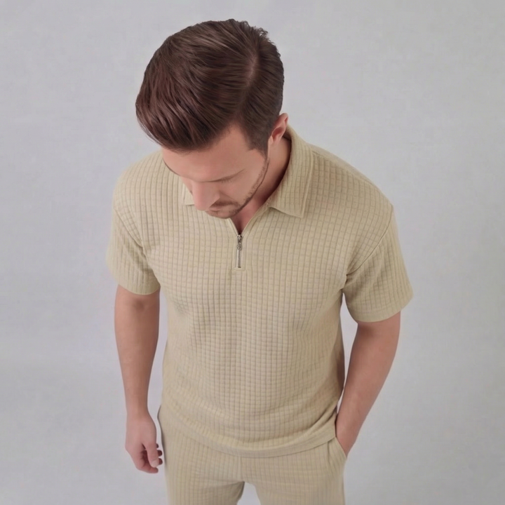 Waffle Knit Set Men Summer Casual Half Zip Polo