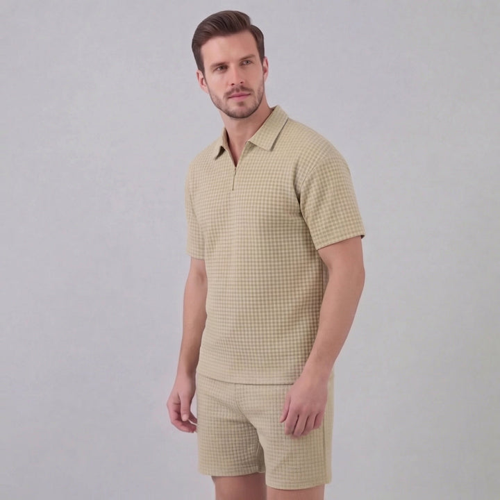 Waffle Knit Set Men Summer Casual Half Zip Polo