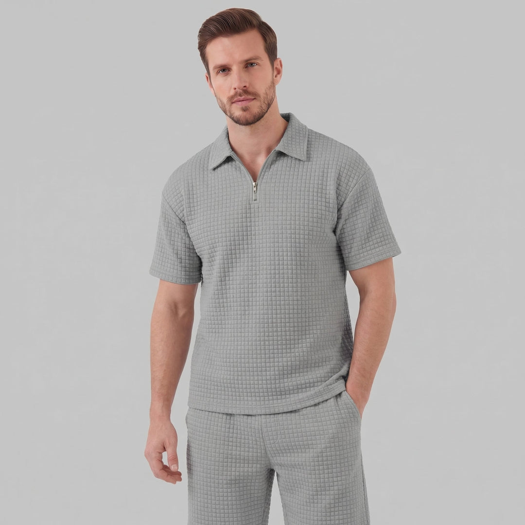 Waffle Knit Set Men Summer Casual Half Zip Polo