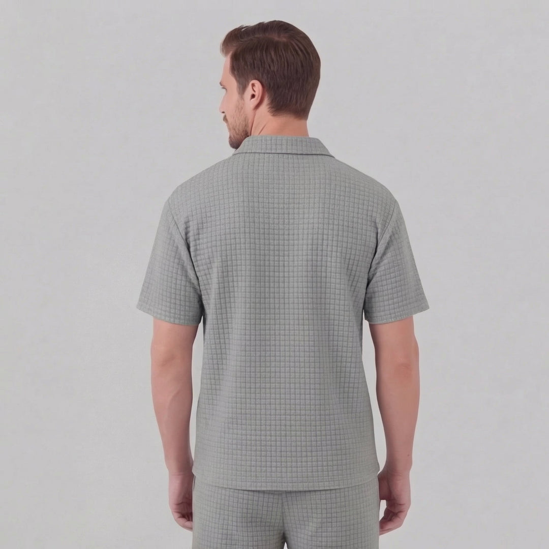 Waffle Knit Set Men Summer Casual Half Zip Polo