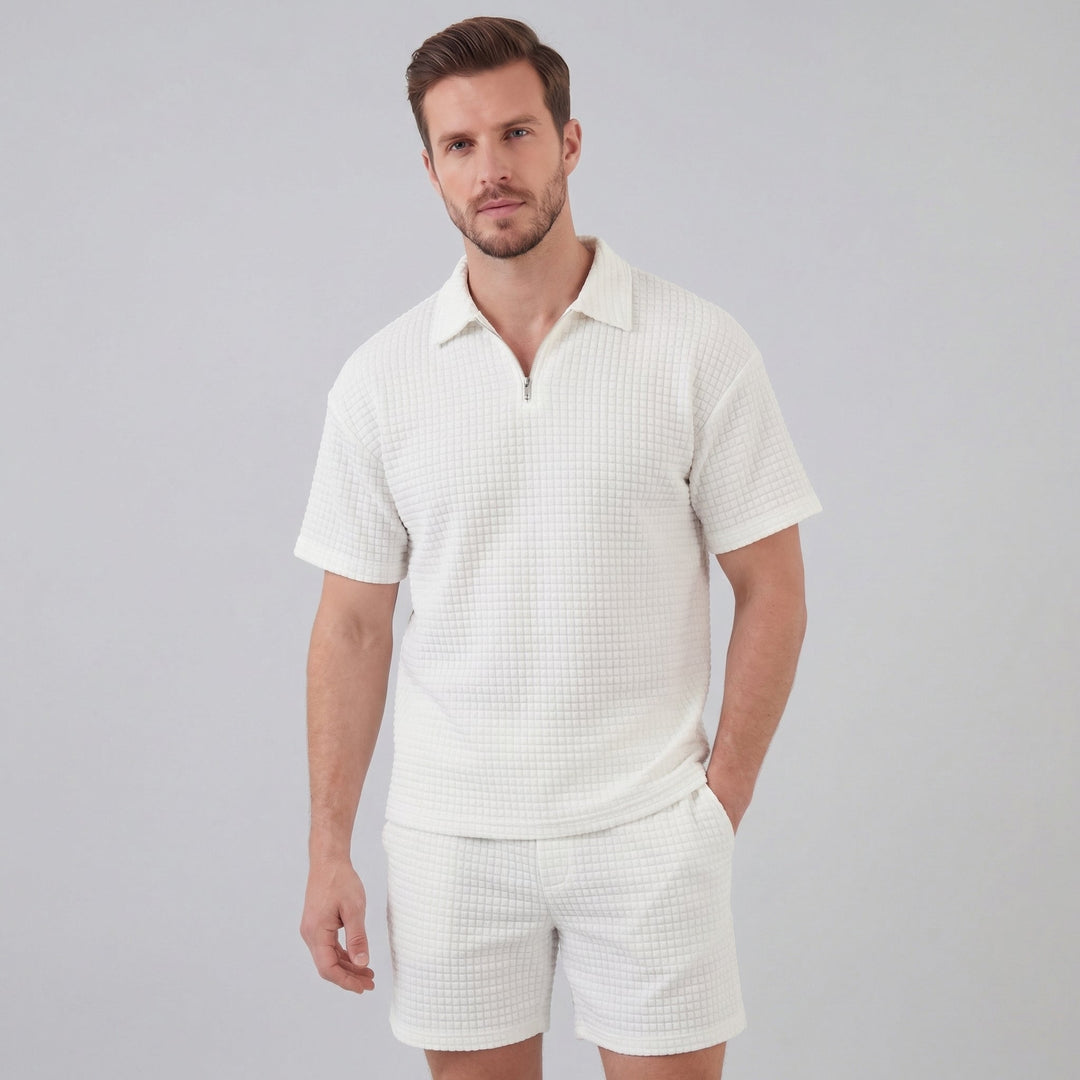 Waffle Knit Set Men Summer Casual Half Zip Polo