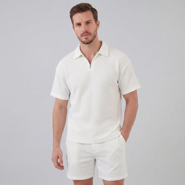 Waffle Knit Set Men Summer Casual Half Zip Polo