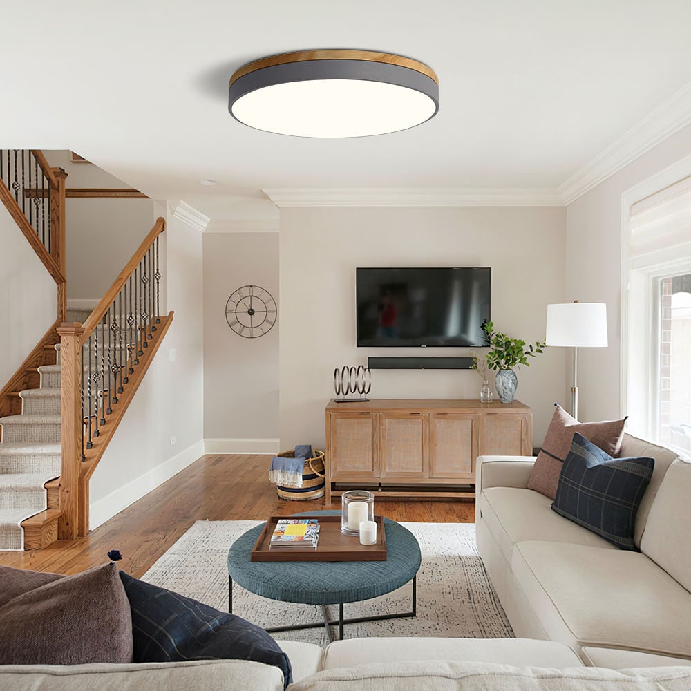 Wooden Flush Ceiling Living Room Modern Round Design